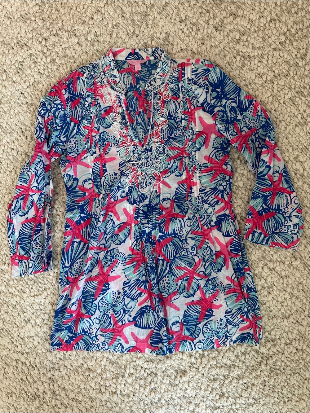 Lilly Pulitzer Sarasota Tunic S She She Shells Starfish Embroidered Cotton Top